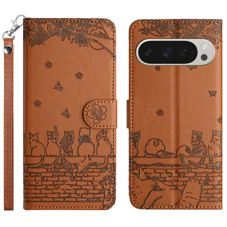 For Google Pixel 9 Pro XL Cat Embossing Pattern Leather Phone Case with Lanyard(Brown) - Google Cases by buy2fix | Online Shopping UK | buy2fix