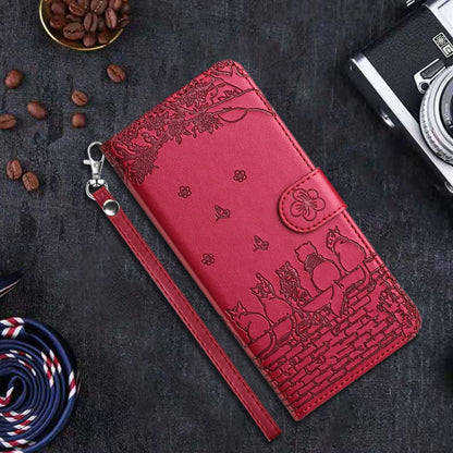 For Xiaomi Poco M6 Pro 4G Cat Embossing Pattern Leather Phone Case with Lanyard(Red) - Xiaomi Cases by buy2fix | Online Shopping UK | buy2fix