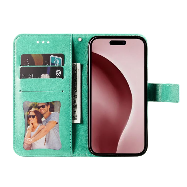 For iPhone 16 Pro 7-petal Flowers Embossing Leather Phone Case(Green) - iPhone 16 Pro Cases by buy2fix | Online Shopping UK | buy2fix