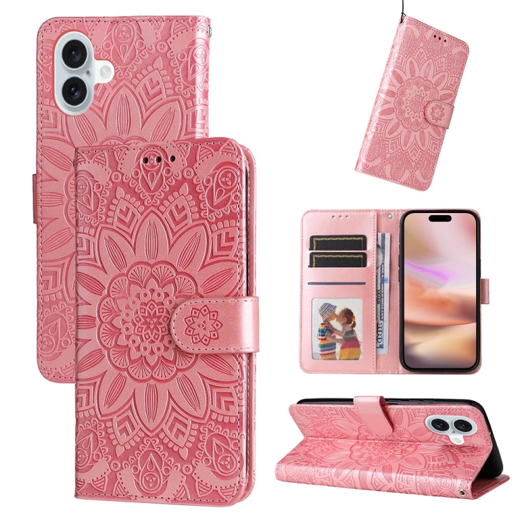 For iPhone 16 Plus Embossed Sunflower Leather Phone Case(Pink) - iPhone 16 Plus Cases by buy2fix | Online Shopping UK | buy2fix