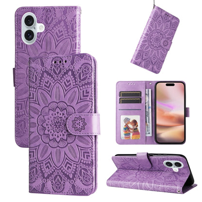 For iPhone 16 Plus Embossed Sunflower Leather Phone Case(Purple) - iPhone 16 Plus Cases by buy2fix | Online Shopping UK | buy2fix