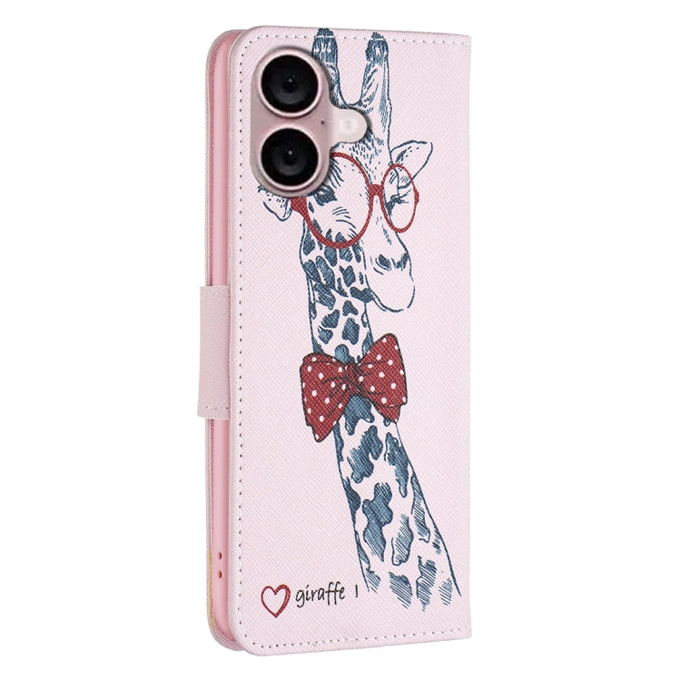 For iPhone 16 Colored Drawing Pattern Leather Phone Case(Giraffe) - iPhone 16 Cases by buy2fix | Online Shopping UK | buy2fix