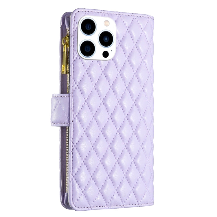 For iPhone 16 Pro Max Diamond Lattice Zipper Wallet Leather Flip Phone Case(Purple) - iPhone 16 Pro Max Cases by buy2fix | Online Shopping UK | buy2fix