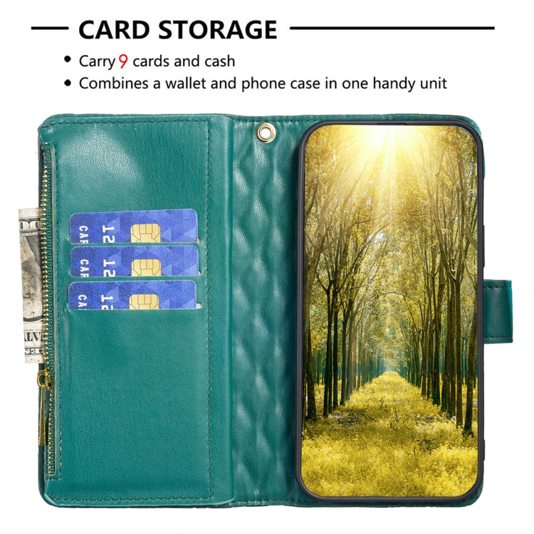 For iPhone 16 Pro Diamond Lattice Zipper Wallet Leather Flip Phone Case(Green) - iPhone 16 Pro Cases by buy2fix | Online Shopping UK | buy2fix