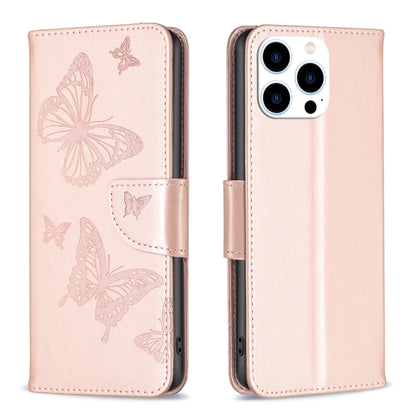 For iPhone 16 Pro Max Embossing Two Butterflies Pattern Leather Phone Case(Rose Gold) - iPhone 16 Pro Max Cases by buy2fix | Online Shopping UK | buy2fix