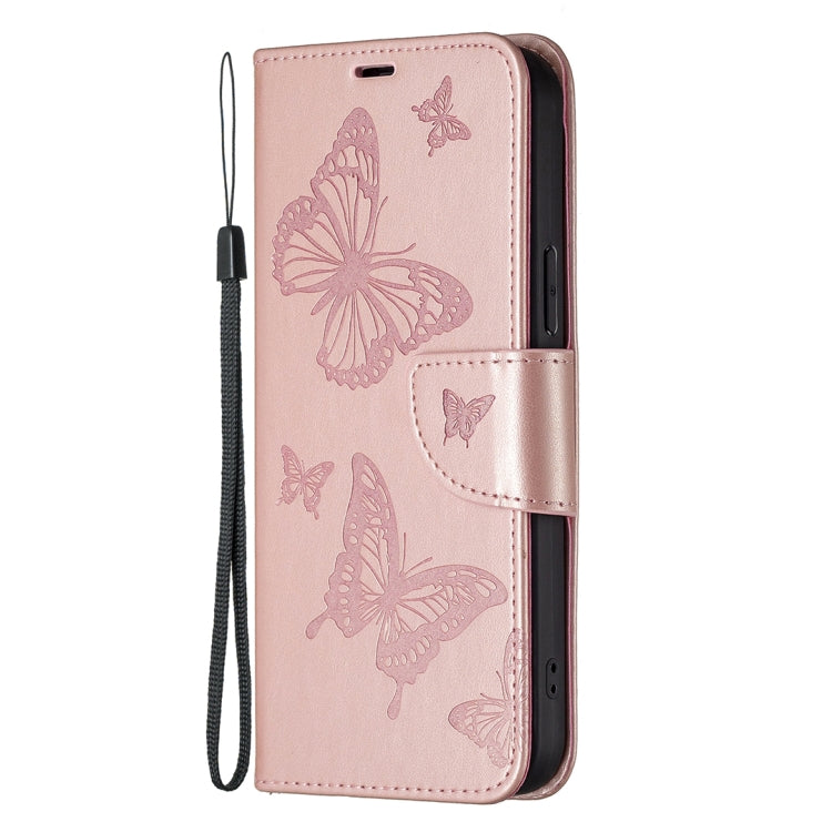 For iPhone 16 Embossing Two Butterflies Pattern Leather Phone Case(Rose Gold) - iPhone 16 Cases by buy2fix | Online Shopping UK | buy2fix