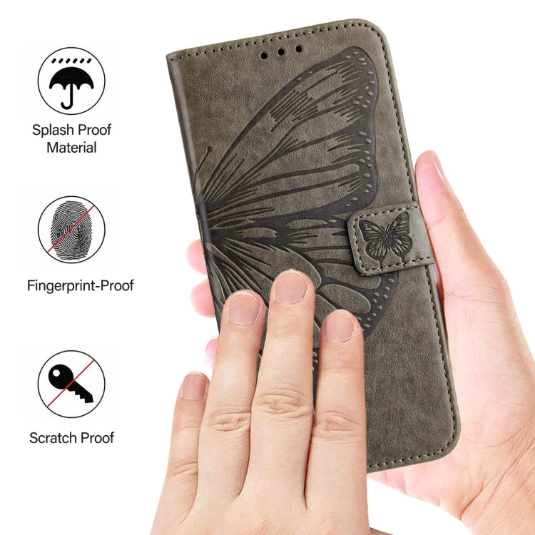 For iPhone 16 Pro Embossed Butterfly Leather Phone Case(Grey) - iPhone 16 Pro Cases by buy2fix | Online Shopping UK | buy2fix