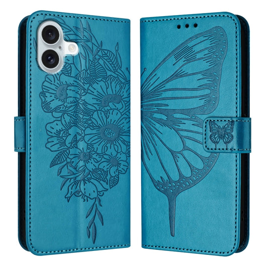 For iPhone 16 Plus Embossed Butterfly Leather Phone Case(Blue) - iPhone 16 Plus Cases by buy2fix | Online Shopping UK | buy2fix