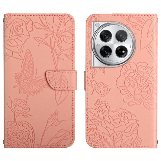 For OnePlus 12 5G Global Skin Feel Butterfly Peony Embossed Leather Phone Case(Pink) - OnePlus Cases by buy2fix | Online Shopping UK | buy2fix