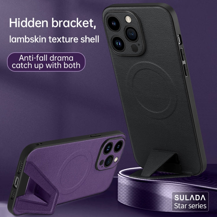 For iPhone 14 SULADA Folding Holder Lambskin Texture MagSafe Phone Case(Black) - iPhone 14 Cases by SULADA | Online Shopping UK | buy2fix