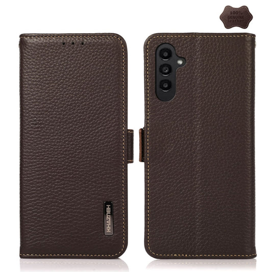 For Samsung Galaxy A05s KHAZNEH Side-Magnetic Litchi Genuine Leather RFID Phone Case(Brown) - Galaxy Phone Cases by buy2fix | Online Shopping UK | buy2fix