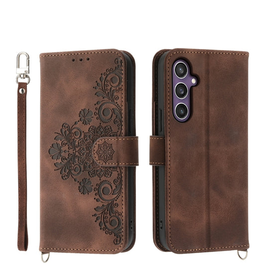 For Samsung Galaxy S24+ 5G Skin-feel Flowers Embossed Wallet Leather Phone Case(Brown) - Galaxy S24+ 5G Cases by buy2fix | Online Shopping UK | buy2fix