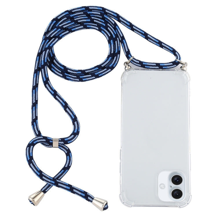 For iPhone 16 Four-Corner Shockproof Transparent TPU Case with Lanyard(Blue White) - iPhone 16 Cases by buy2fix | Online Shopping UK | buy2fix