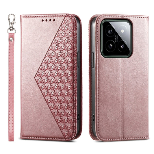 For Xiaomi 14 Cubic Grid Calf Texture Magnetic Leather Phone Case(Rose Gold) - 14 Cases by buy2fix | Online Shopping UK | buy2fix