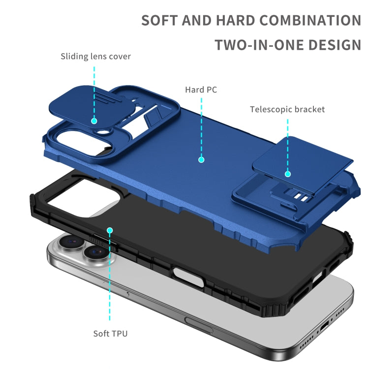 For iPhone 16 Plus Stereoscopic Holder Sliding Camshield Phone Case(Blue) - iPhone 16 Plus Cases by buy2fix | Online Shopping UK | buy2fix