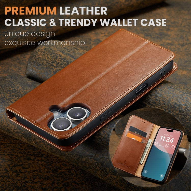 For iPhone 16 Fierre Shann PU Genuine Leather Texture Phone Case(Brown) - iPhone 16 Cases by FIERRE SHANN | Online Shopping UK | buy2fix