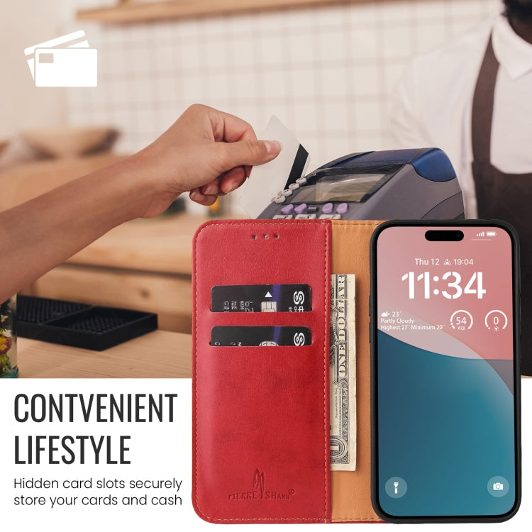 For iPhone 16 Fierre Shann PU Genuine Leather Texture Phone Case(Red) - iPhone 16 Cases by FIERRE SHANN | Online Shopping UK | buy2fix