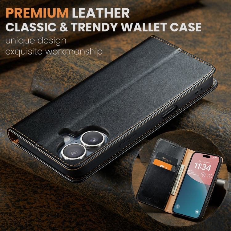 For iPhone 16 Plus Fierre Shann PU Genuine Leather Texture Phone Case(Black) - iPhone 16 Plus Cases by FIERRE SHANN | Online Shopping UK | buy2fix