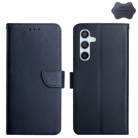 For Samsung Galaxy A15 HT02 Genuine Leather Fingerprint-proof Flip Phone Case(Blue) - Galaxy Phone Cases by buy2fix | Online Shopping UK | buy2fix