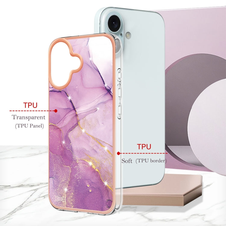 For iPhone 16 Electroplating Marble Pattern Dual-side IMD TPU Shockproof Phone Case (Purple 001) - iPhone 16 Cases by buy2fix | Online Shopping UK | buy2fix