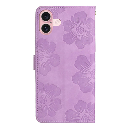 For iPhone 16 Flower Embossing Pattern Leather Phone Case(Purple) - iPhone 16 Cases by buy2fix | Online Shopping UK | buy2fix