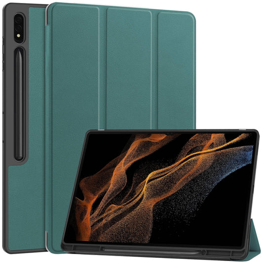 For Samsung Galaxy Tab S9 Ultra 3-Fold Pure Color TPU Smart Leather Tablet Case with Pen Slot(Dark Green) - Galaxy Tab S9 Ultra Cases by buy2fix | Online Shopping UK | buy2fix