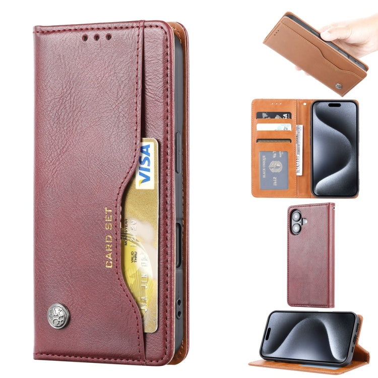 For iPhone 16 Plus Knead Skin Texture Flip Leather Phone Case(Wine Red) - iPhone 16 Plus Cases by buy2fix | Online Shopping UK | buy2fix