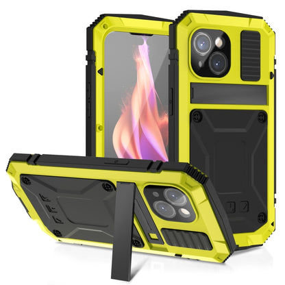 For iPhone 15 Plus R-JUST Shockproof Life Waterproof Dust-proof Metal + Silicone Phone Case with Holder(Yellow) - iPhone 15 Plus Cases by R-JUST | Online Shopping UK | buy2fix