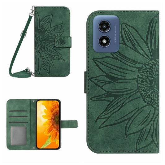 For Motorola Moto G Play 5G 2024 HT04 Skin Feel Sun Flower Embossed Flip Leather Phone Case with Lanyard(Green) - Motorola Cases by buy2fix | Online Shopping UK | buy2fix
