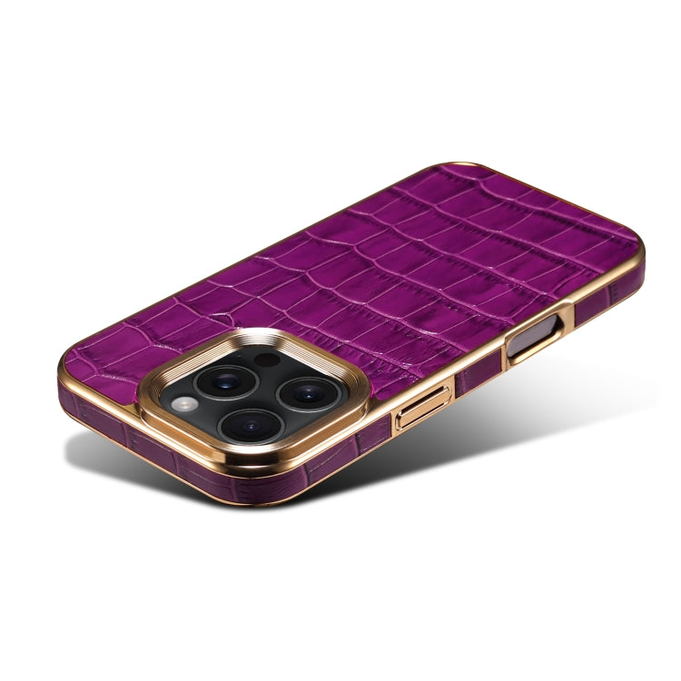 For iPhone 16 Pro Max Denior Crocodile Texture Genuine Leather Electroplating Phone Case(Purple) - More iPhone Cases by Denior | Online Shopping UK | buy2fix