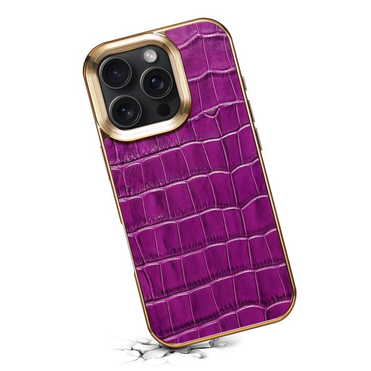 For iPhone 16 Pro Denior Crocodile Texture Genuine Leather Electroplating Phone Case(Purple) - More iPhone Cases by Denior | Online Shopping UK | buy2fix