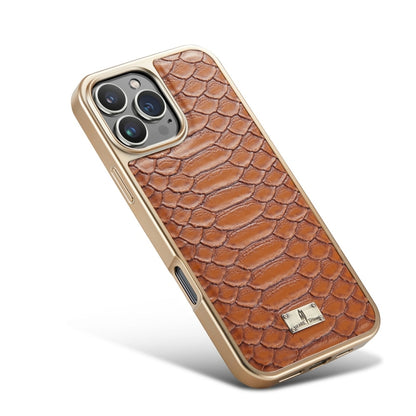 For iPhone 16 Pro Fierre Shann Python Texture Electroplating PU Phone Case(Brown) - iPhone 16 Pro Cases by FIERRE SHANN | Online Shopping UK | buy2fix