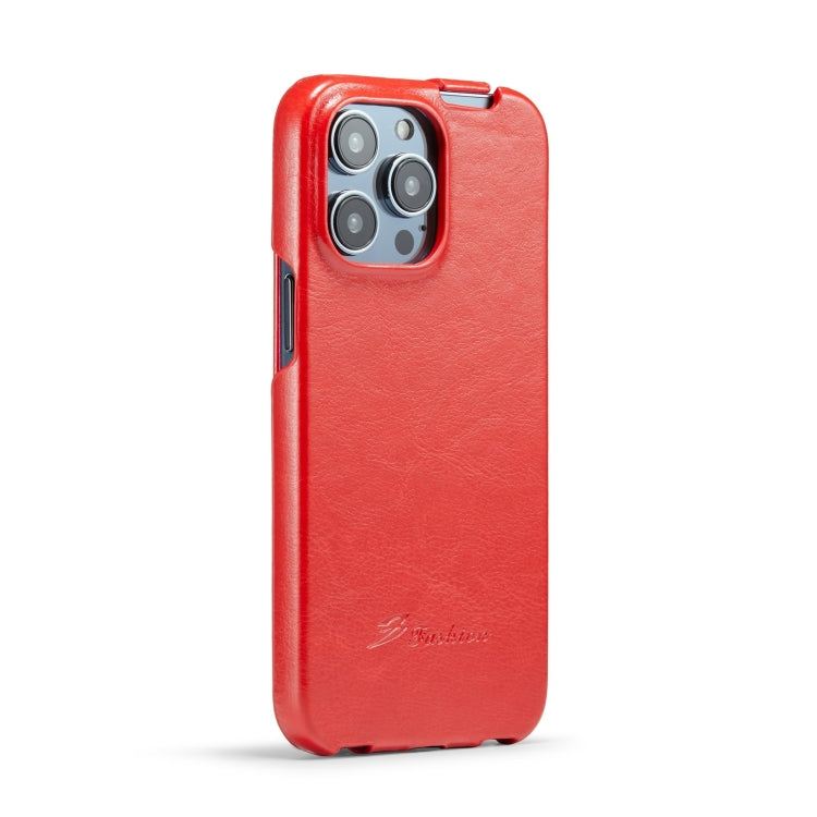 For iPhone 15 Pro Max Fierre Shann Oil Wax Texture Vertical Flip PU Phone Case(Red) - iPhone 15 Pro Max Cases by FIERRE SHANN | Online Shopping UK | buy2fix