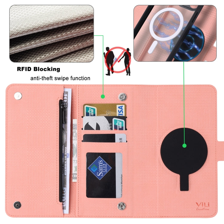 For iPhone 15 Plus ViLi GHB Series MagSafe Magnetic Zipper Leather Phone Case(Pink) - iPhone 15 Plus Cases by ViLi | Online Shopping UK | buy2fix