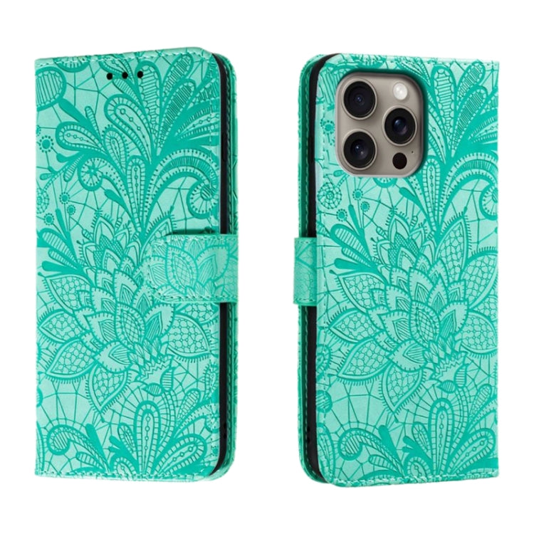 For iPhone 16 Pro Max Lace Flower Embossing Flip Leather Phone Case(Green) - iPhone 16 Pro Max Cases by buy2fix | Online Shopping UK | buy2fix