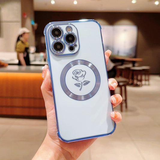 For iPhone 14 Pro Max Electroplate Side Roses Flower MagSafe Phone Case(Blue) - iPhone 14 Pro Max Cases by buy2fix | Online Shopping UK | buy2fix