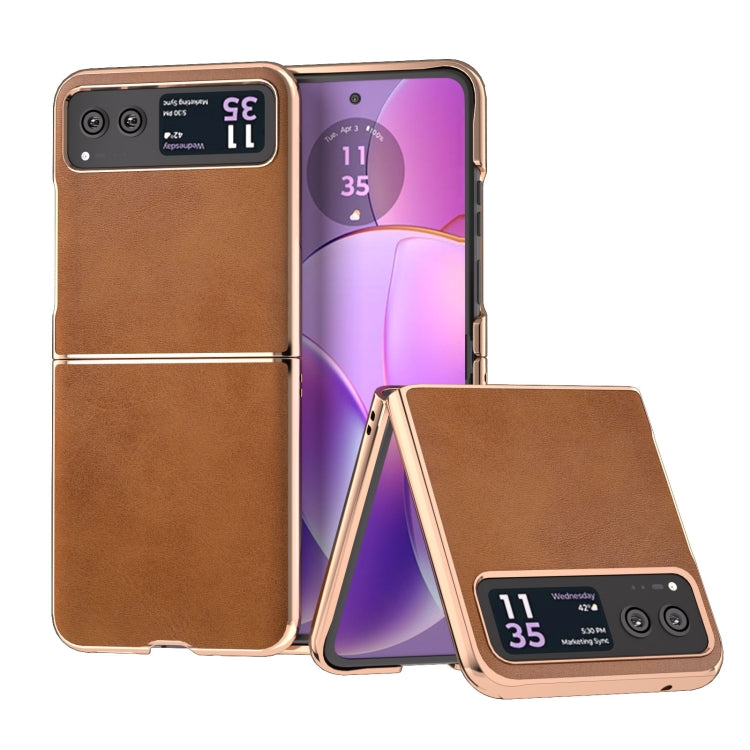 For Motorola Razr 40 Nano Electroplating Dual Color Cowhide Texture Protective Phone Case(Brown) - Motorola Cases by buy2fix | Online Shopping UK | buy2fix