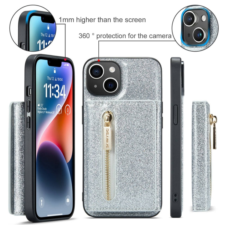 For iPhone 15 DG.MING M3 Series Glitter Powder Card Bag Leather Phone Case(Silver) - iPhone 15 Cases by DG.MING | Online Shopping UK | buy2fix