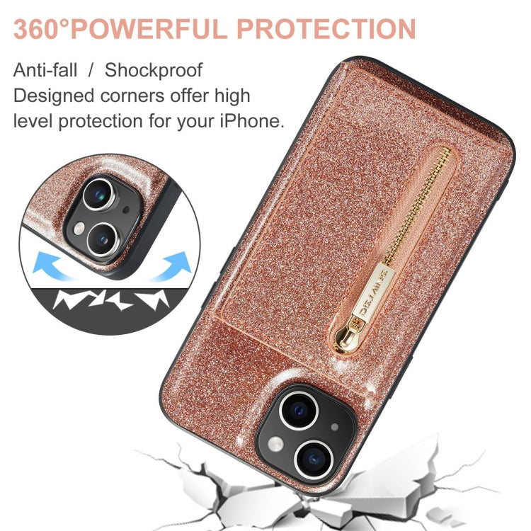 For iPhone 15 DG.MING M3 Series Glitter Powder Card Bag Leather Phone Case(Rose Gold) - iPhone 15 Cases by DG.MING | Online Shopping UK | buy2fix