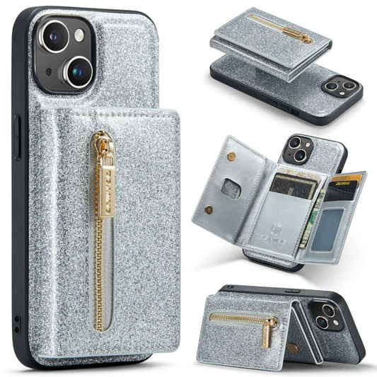 For iPhone 15 Plus DG.MING M3 Series Glitter Powder Card Bag Leather Phone Case(Silver) - iPhone 15 Plus Cases by DG.MING | Online Shopping UK | buy2fix