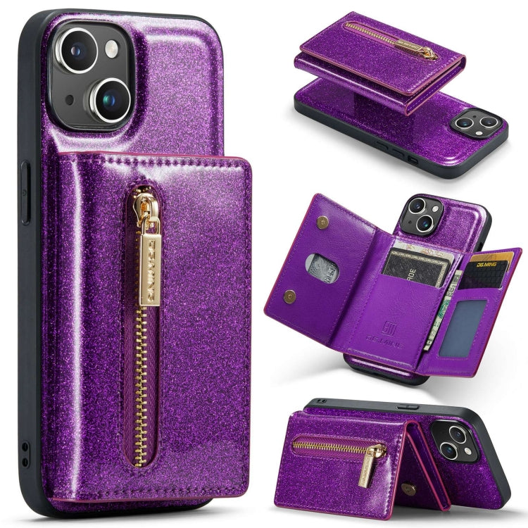 For iPhone 15 Plus DG.MING M3 Series Glitter Powder Card Bag Leather Phone Case(Dark Purple) - iPhone 15 Plus Cases by DG.MING | Online Shopping UK | buy2fix