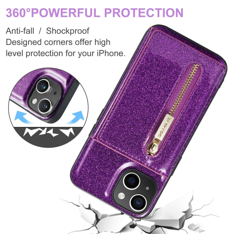 For iPhone 15 Plus DG.MING M3 Series Glitter Powder Card Bag Leather Phone Case(Dark Purple) - iPhone 15 Plus Cases by DG.MING | Online Shopping UK | buy2fix