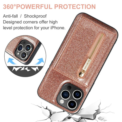 For iPhone 15 Pro DG.MING M3 Series Glitter Powder Card Bag Leather Phone Case(Rose Gold) - iPhone 15 Pro Cases by DG.MING | Online Shopping UK | buy2fix