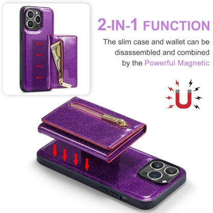 For iPhone 15 Pro DG.MING M3 Series Glitter Powder Card Bag Leather Phone Case(Dark Purple) - iPhone 15 Pro Cases by DG.MING | Online Shopping UK | buy2fix