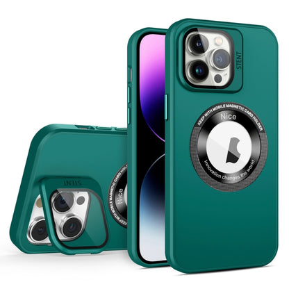 For iPhone 14 Pro Skin Feel Magnifier MagSafe Lens Holder Phone Case(Dark Green) - iPhone 14 Pro Cases by buy2fix | Online Shopping UK | buy2fix