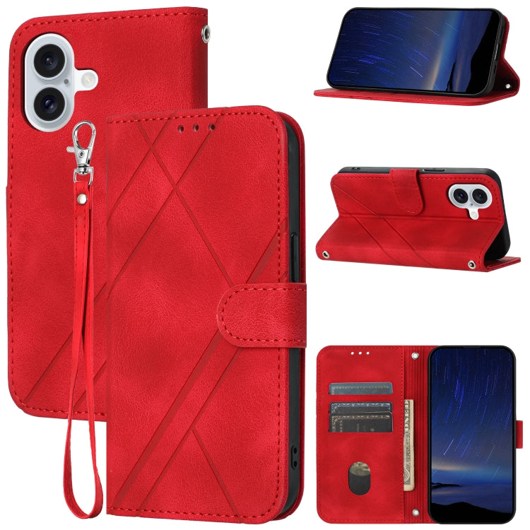 For iPhone 16 Embossed Line Leather Phone Case with Lanyard(Red) - iPhone 16 Cases by buy2fix | Online Shopping UK | buy2fix