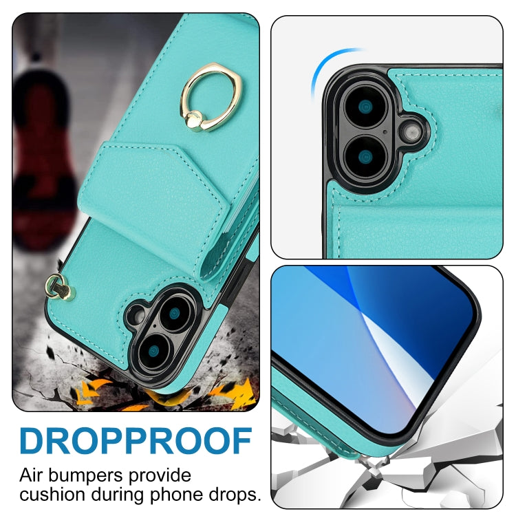 For iPhone 16 Ring Holder RFID Card Slot Phone Case(Mint Green) - iPhone 16 Cases by buy2fix | Online Shopping UK | buy2fix