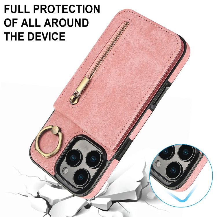 For iPhone 16 Pro Retro Ring and Zipper RFID Card Slot Phone Case(Pink) - iPhone 16 Pro Cases by buy2fix | Online Shopping UK | buy2fix