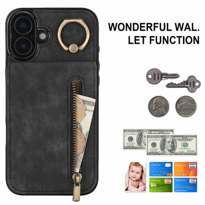 For iPhone 16 Plus Retro Ring and Zipper RFID Card Slot Phone Case(Black) - iPhone 16 Plus Cases by buy2fix | Online Shopping UK | buy2fix