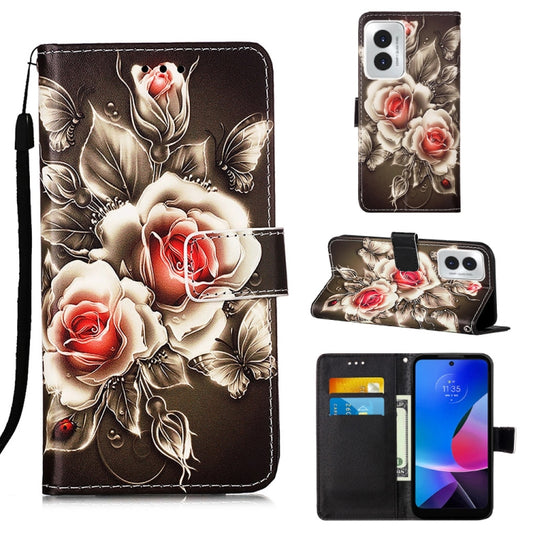 For Motorola Moto G Play 4G 2024 Colored Drawing Pattern Plain Weave Leather Phone Case(Roses On Black) - Motorola Cases by buy2fix | Online Shopping UK | buy2fix